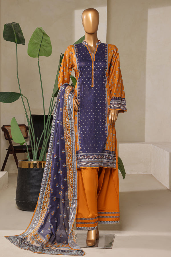 Lawn - Stitched printed 3piece with Farshi shalwar - Mustard & Purple