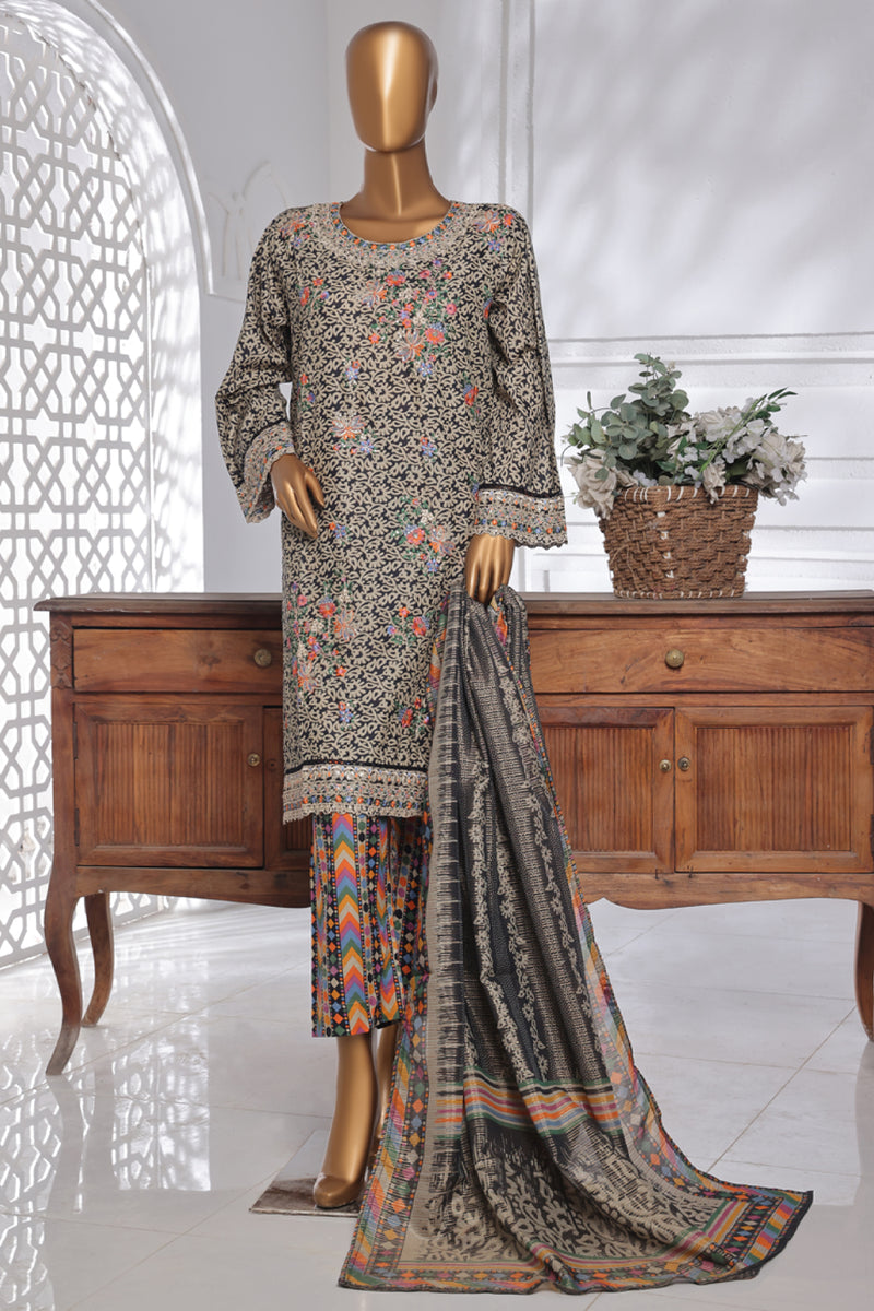 Lawn Chickankari - Stitched Embroidered 3piece with Lace work  - Black & Brown