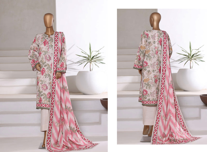Khaddar - Printed 3piece collection with Lace work - Pink