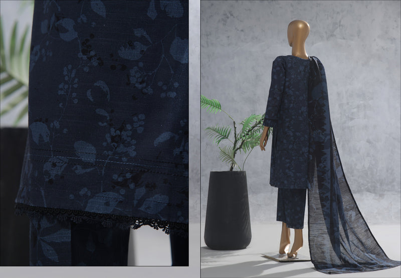 Khaddar - Stitched Printed 3 Piece Suit with Lace work - Midnight Blue