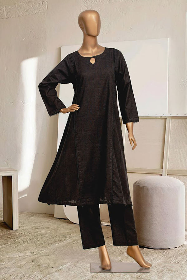 Khaddar Solid Frock Co-ords - Stitched Kurti & Trouser with Pintex & Lace work - Black