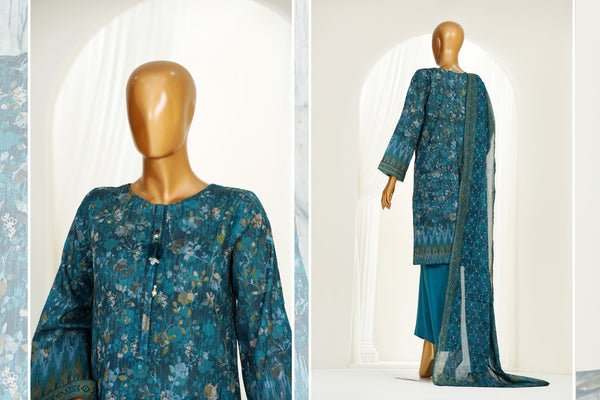 Lawn PrintKari - Stitched Embroidered 3piece with Lace work - Turquoise
