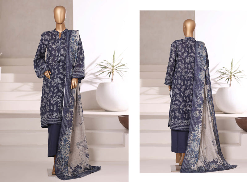 Khaddar - Stitched printed 3piece with Lace work - Dark Blue