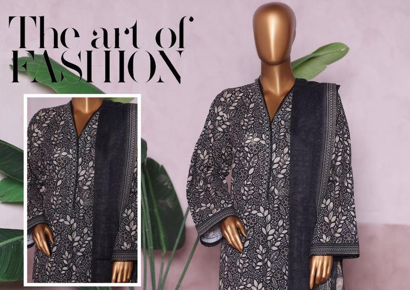 Khaddar - Stitched printed 3piece with Lace work - Black