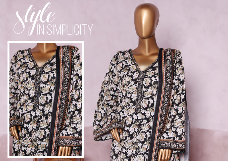Khaddar - Stitched printed 3piece with Lace work - Black & White
