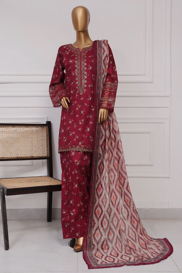 Lawn Farshi- Stitched Embroidered 3piece with Farshi shalwar - Maroon