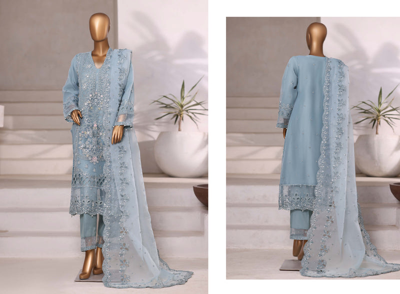 Organza - Stitched Embroidered 3piece with Hand work - Light Blue