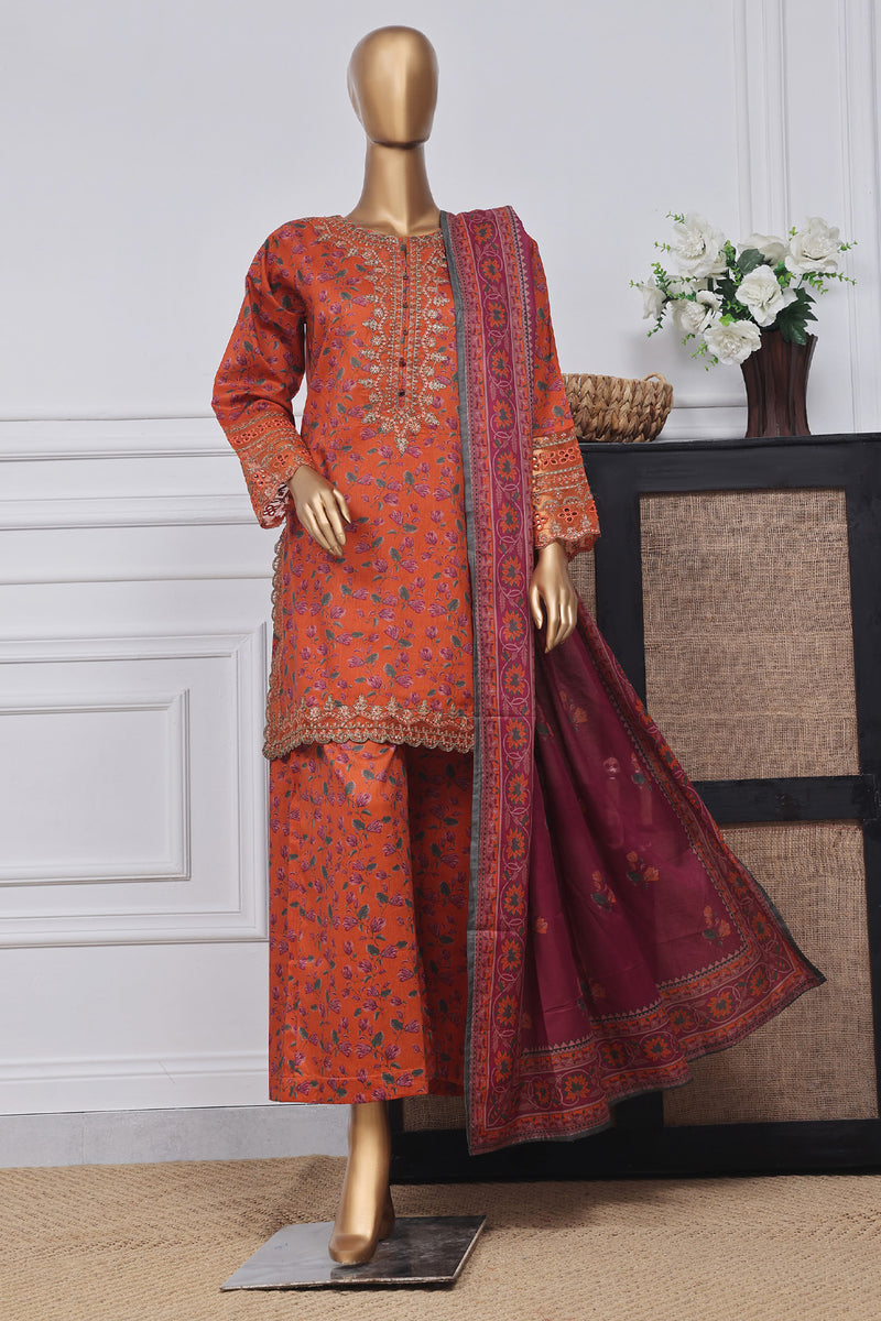 Lawn - Stitched Festive Embroidered 3piece with Plazo - Orange