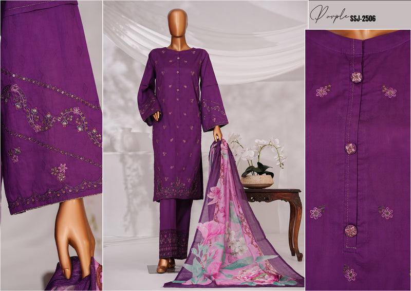 Cambric | Cotton - Stitched Embroidered Printed 3piece with Nannokara Dupatta - Purple