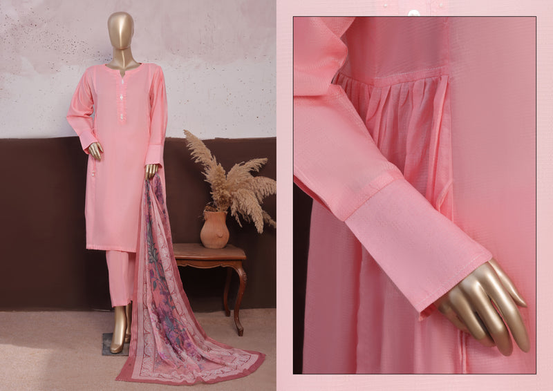 Cambric - Stitched printed 3piece with Lace work - Salmon