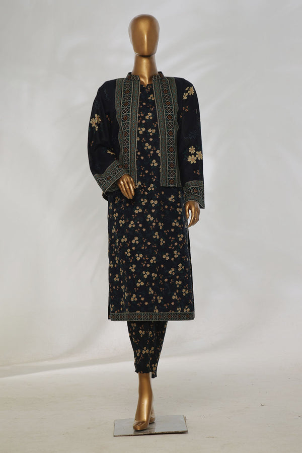 Khaddar Co-ords with coat - Stitched Printed Kurti & Trouser with Coat - Black