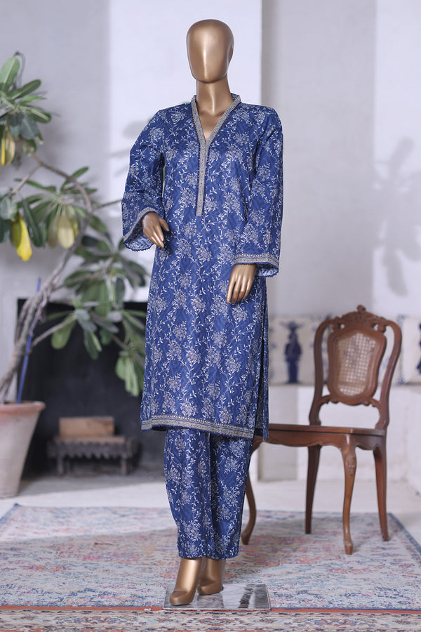 Khaddar Co-Ords - Stitched printed Kurti & trouser with Lace work - Blue