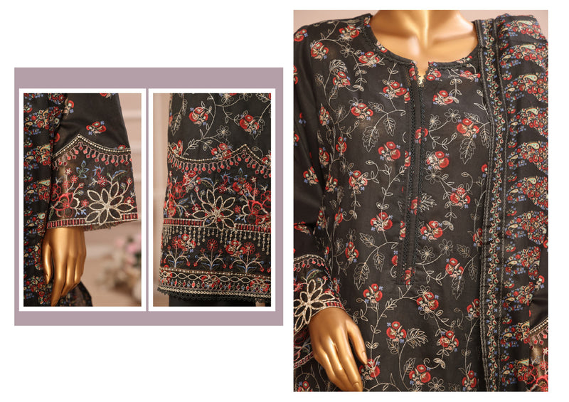 Lawn - Stitched Embroidered 3piece with Lace work - Dark Brown