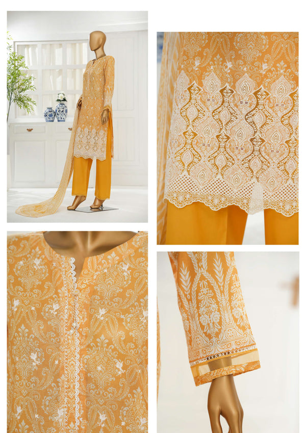 Cambric Chikankari - Stitched Embroidered 3piece with Lace work - Mustard
