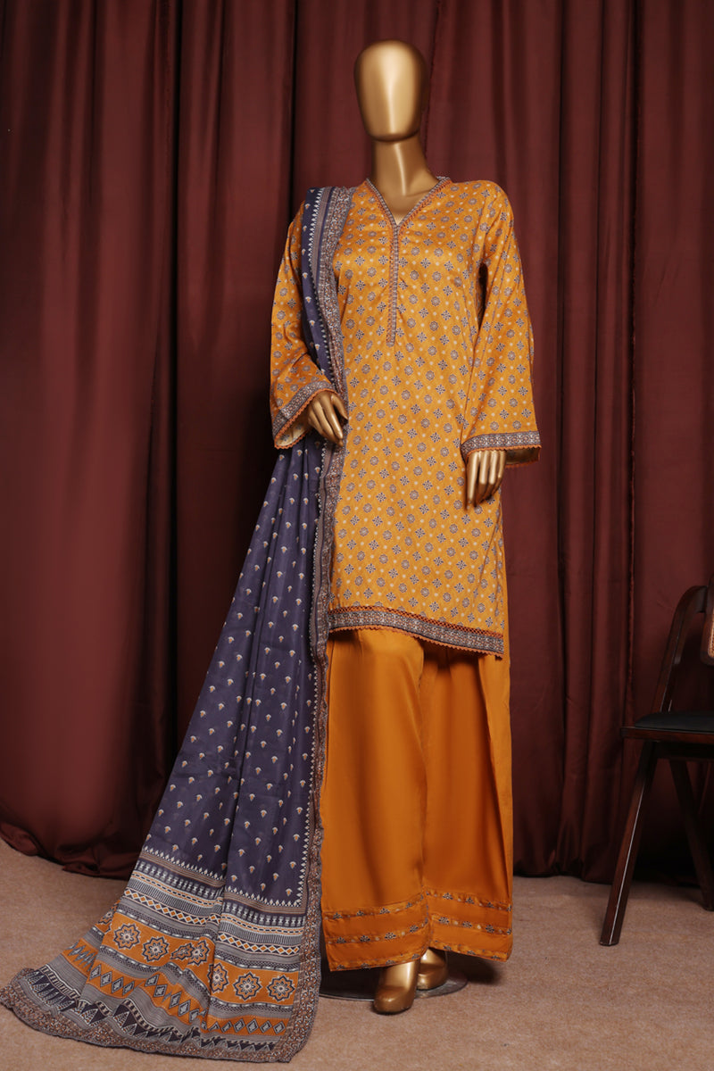 Lawn - Stitched printed 3piece with Farshi Shalwar - Yellow