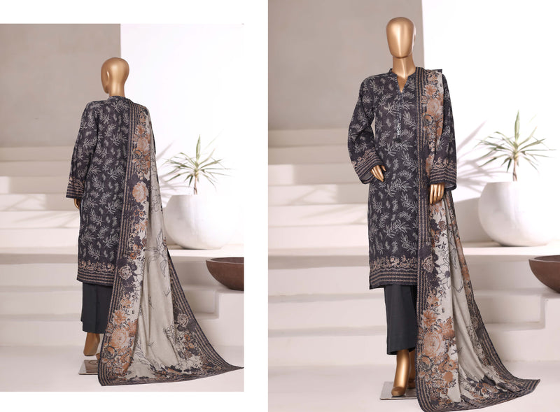 Khaddar - Stitched printed 3piece with Lace work - Black