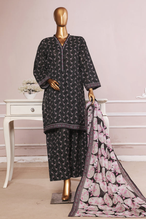 Lawn - Stitched printed 3piece with Farshi Shalwar - Black