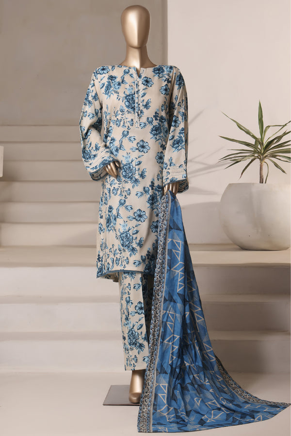 Cambric - Stitched printed 3piece with Lace work - Cream Blue