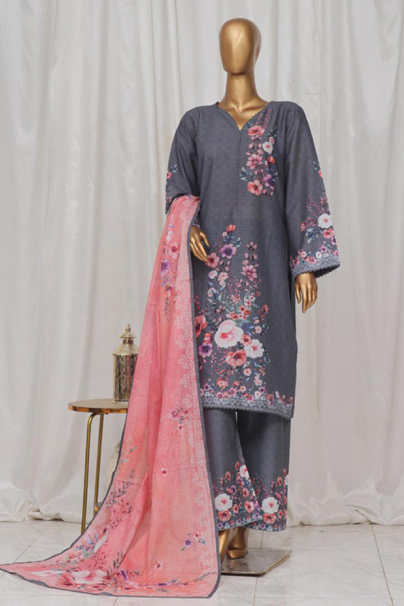 Lawn - Stitched Printed 3piece with Lace work - Grey