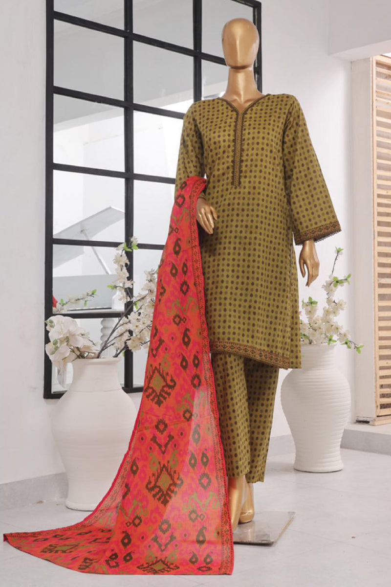 Lawn - Stitched Printed 3piece with Lace work - Green