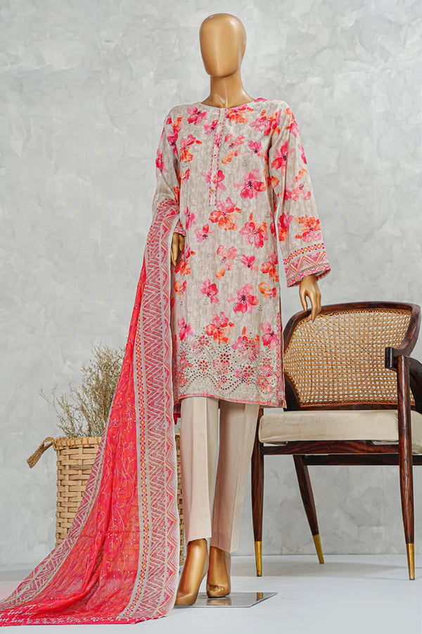 Lawn PrintKari - Stitched Embroidered 3piece with Embroidered Dupatta - Beige Floral
