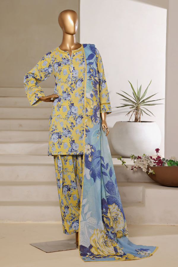 Lawn - Stitched printed 3piece with Farshi shalwar - Yellow