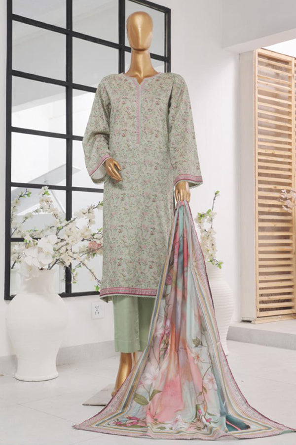 Lawn - Stitched Printed 3piece with Lace work - Light Green