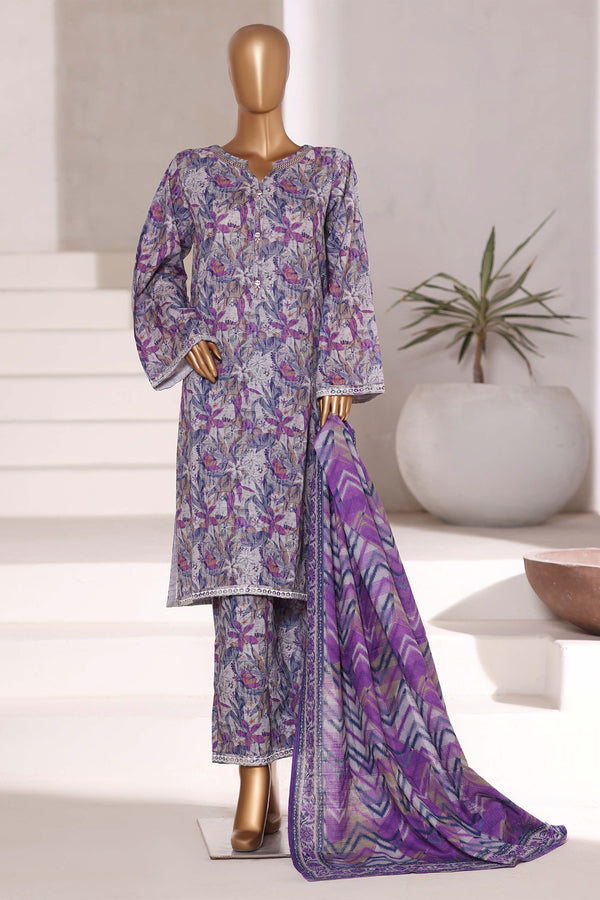 Khaddar - Stitched Embroidered 3piece collection with Lace work - Purple