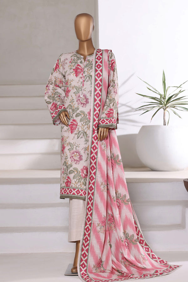 Khaddar - Printed 3piece collection with Lace work - Pink