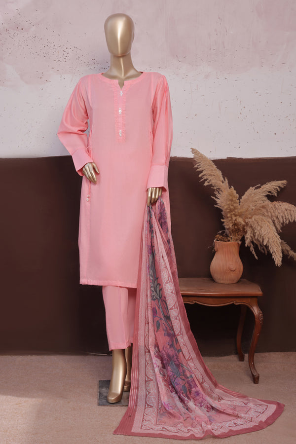 Cambric - Stitched printed 3piece with Lace work - Salmon