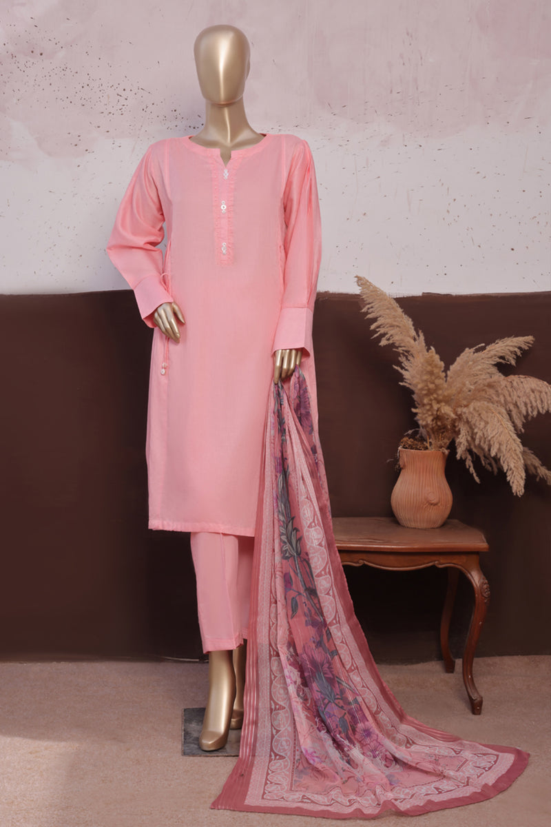 Cambric - Stitched printed 3piece with Lace work - Salmon