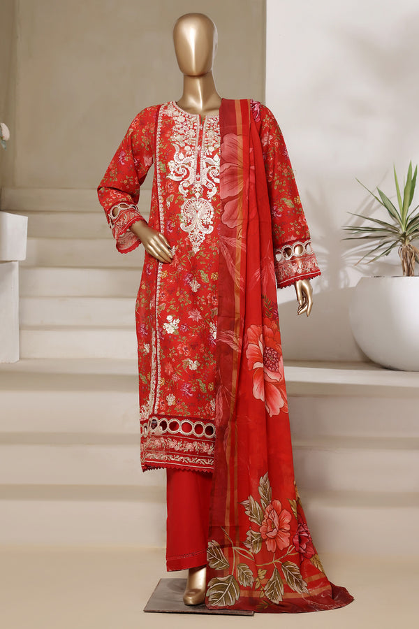 Lawn - Stitched Digital Printed Embroidered 3piece with Lace work - Red