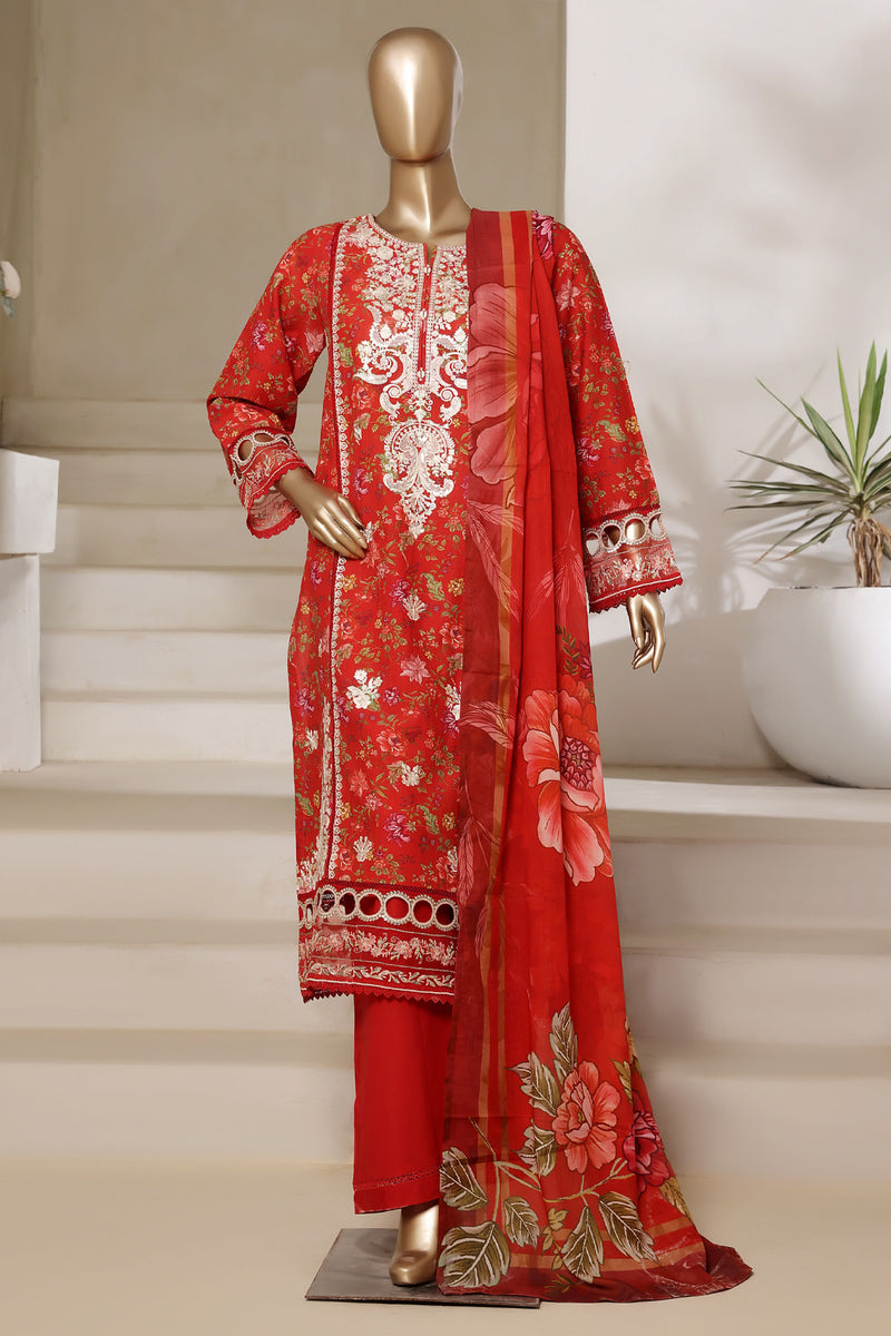 Lawn - Stitched Digital Printed Embroidered 3piece with Lace work - Red