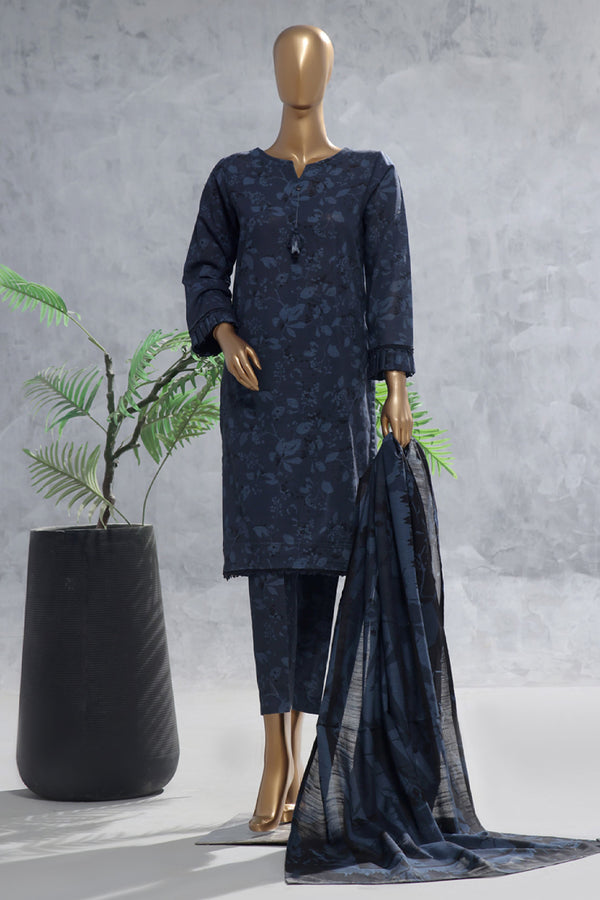 Khaddar - Stitched Printed 3 Piece Suit with Lace work - Midnight Blue