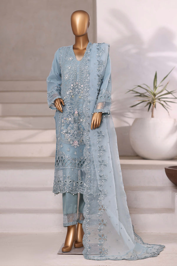 Organza - Stitched Embroidered 3piece with Hand work - Light Blue