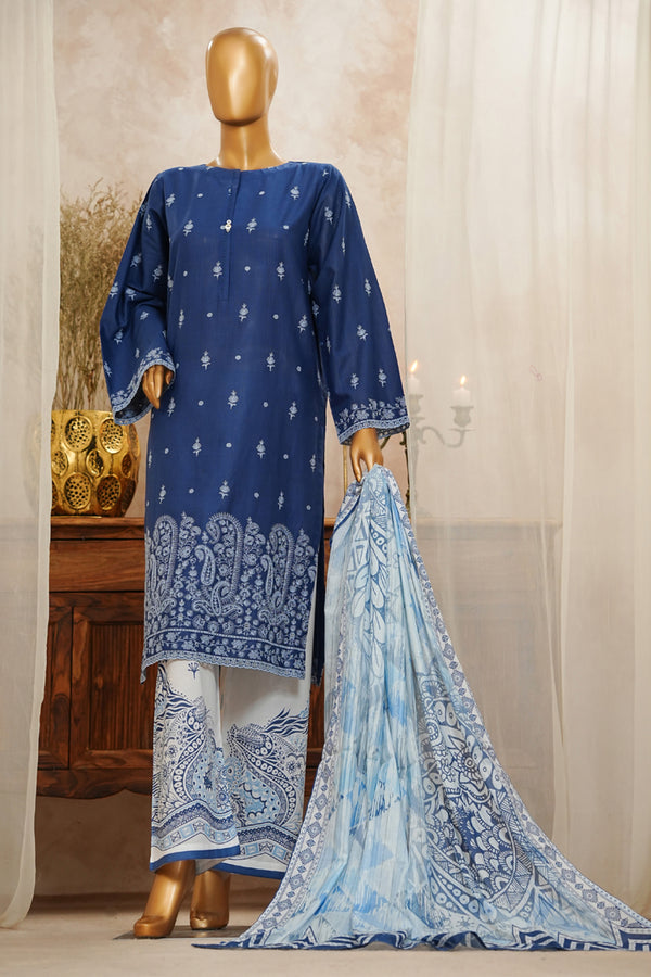 Lawn Slub - Stitched Chikankari Embroidered 3piece with Lace work - Blue