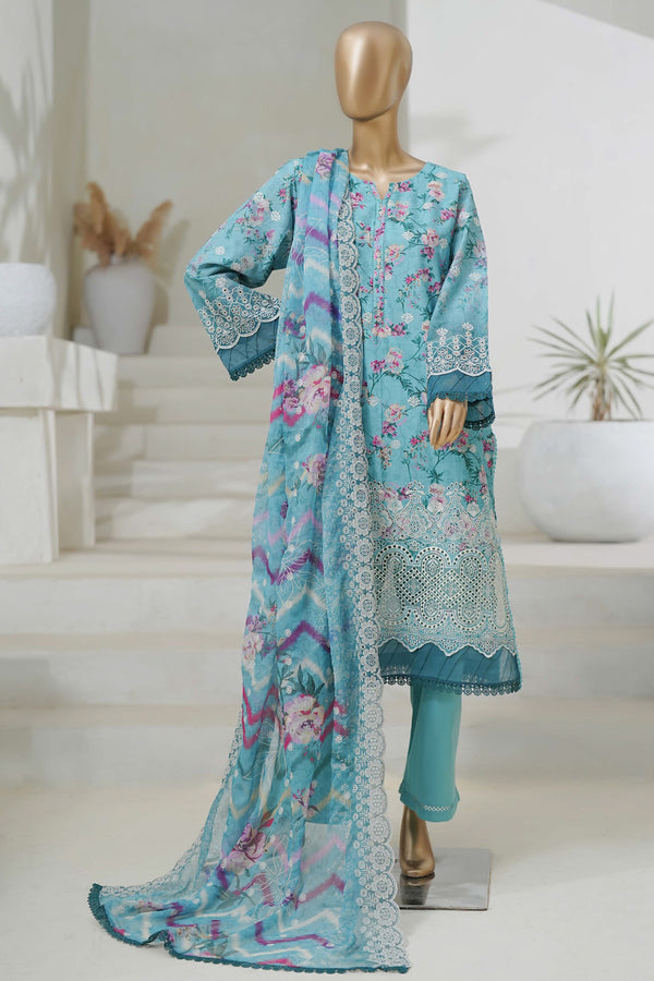 Lawn Chikankari - Stitched Embroidered 3piece with Cutwork and Embroidered Chiffon Dupatta - Sky Blue