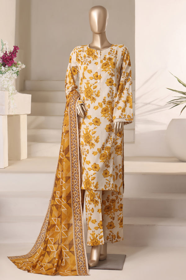 Cambric - Stitched printed 3piece with Lace work - Beige Yellow