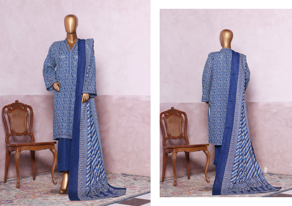 Khaddar - Stitched printed 3piece with Lace work - Blue