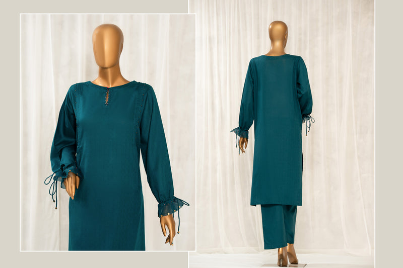 Lawn Jacquard - Stitched Jacquard Shirt with Highlights of Hand Touching Embellishment - Teal
