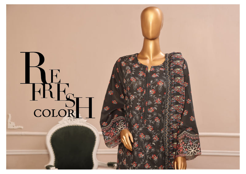 Lawn - Stitched Embroidered 3piece with Lace work - Dark Brown