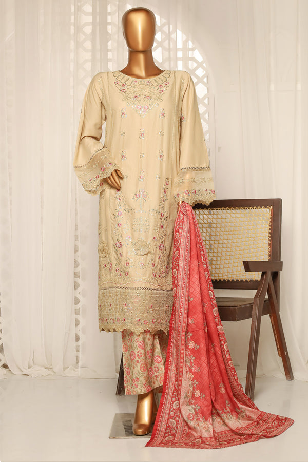 Lawn - Stitched Embroidered 3piece with printed Back & Printed trouser - Peach