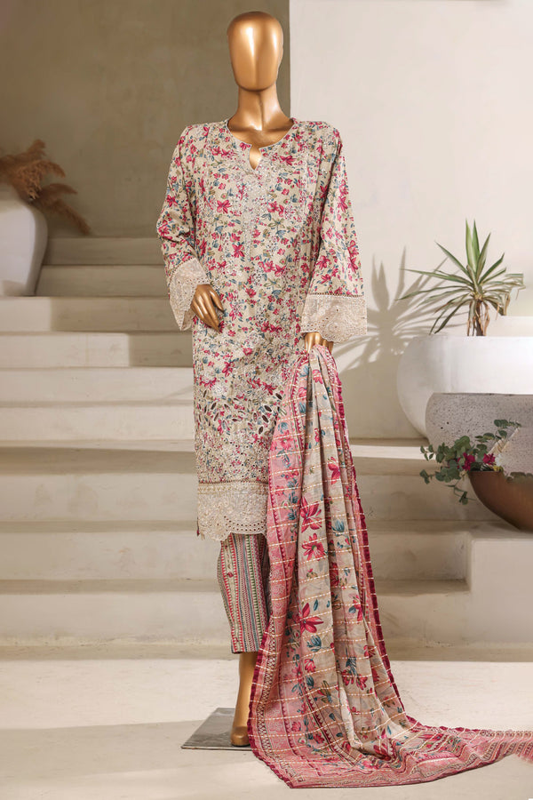 Lawn - Stitched Embroidered Chikankari 3piece with Lace work - Pink