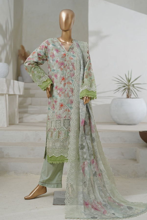 Lawn - Stitched Embroidered 3piece with Cutwork & Printed chiffon Dupatta - Dull Green