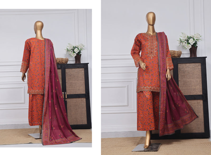 Lawn - Stitched Festive Embroidered 3piece with Plazo - Orange