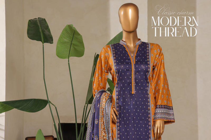 Lawn - Stitched printed 3piece with Farshi shalwar - Mustard & Purple