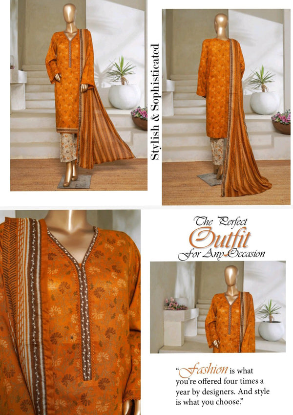 Lawn - Stitched printed 3piece with Lace work - Orange