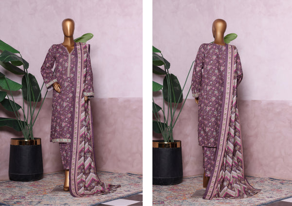 Khaddar - Stitched printed 3piece with Lace work - Dull Pink