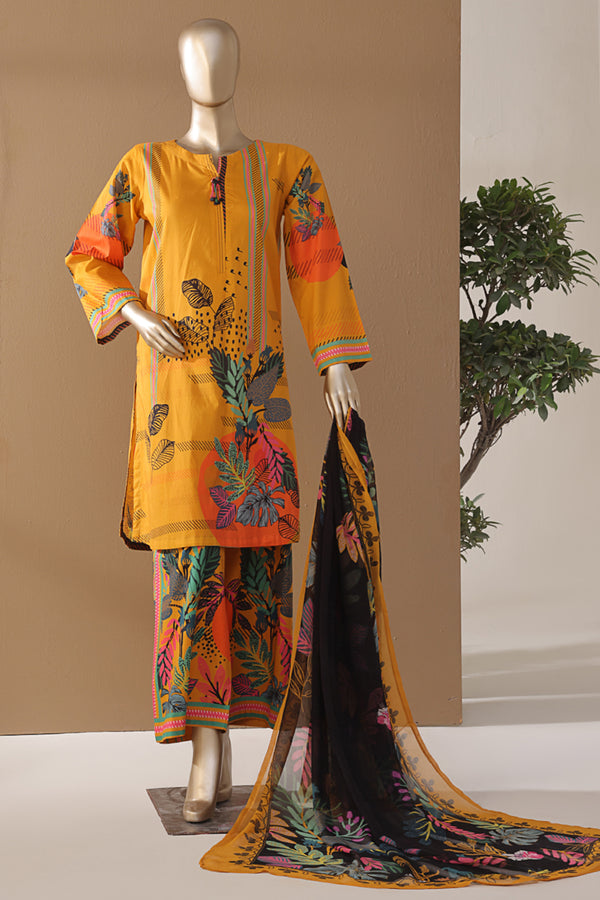 Cambric | Cotton - Stitched printed 3piece with Bamber chiffon Dupatta - Tropicana Mustard