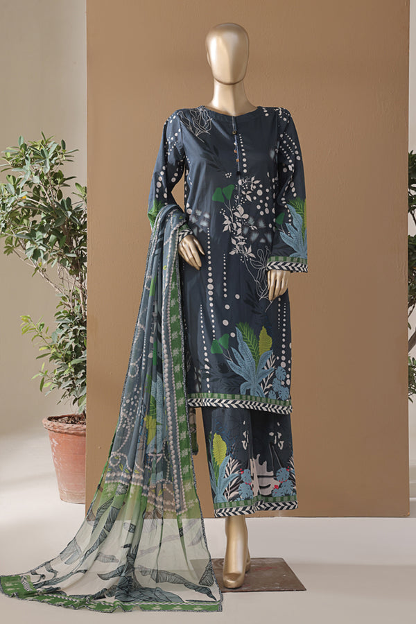 Cambric | Cotton - Stitched printed 3piece with Bamber chiffon Dupatta - Navy Blue